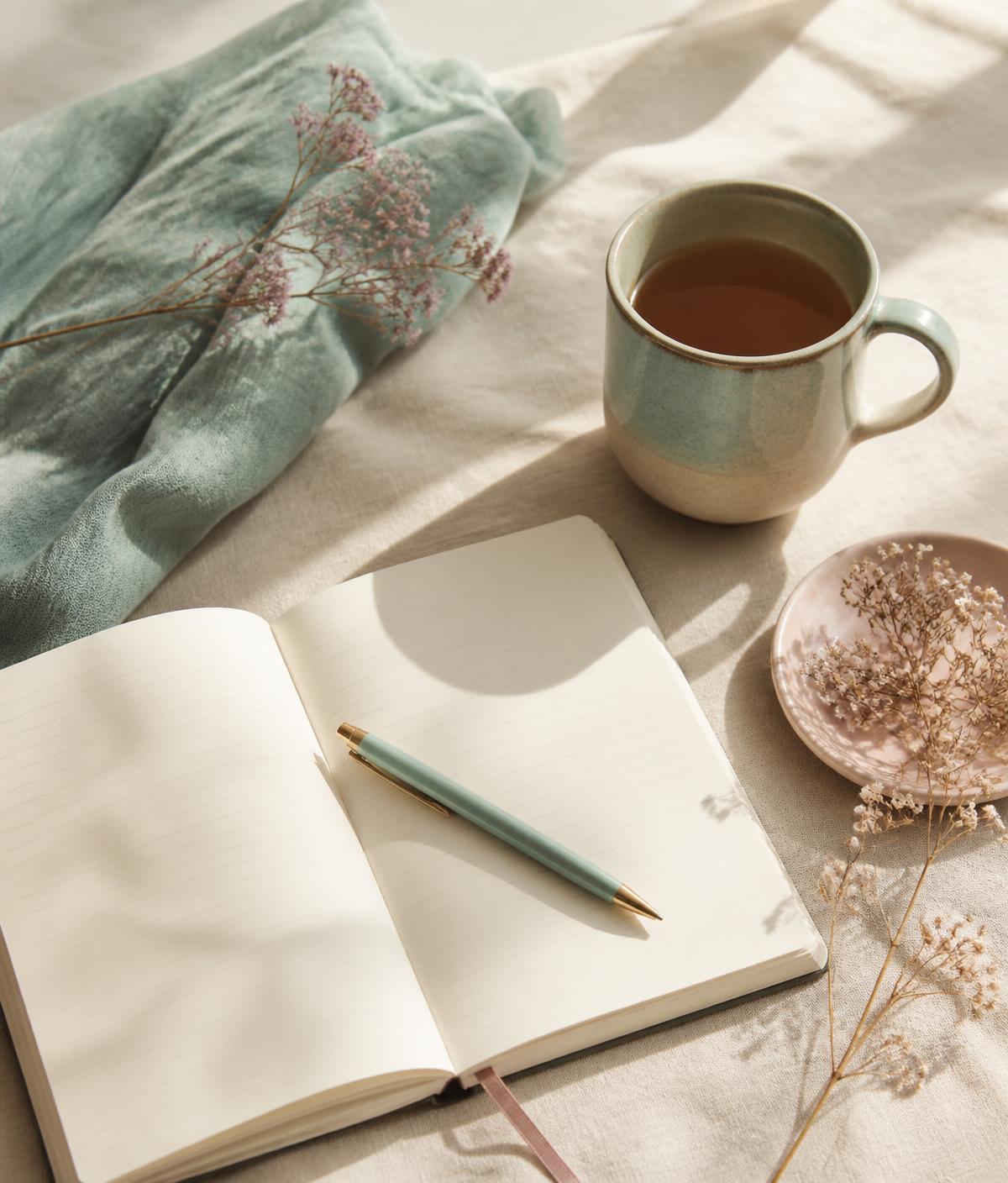 Cuaderno abierto, pluma y taza de té sobre lino claro con luz suave